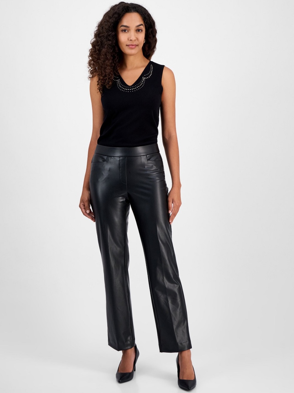 Black Faux Leather Straight-Leg Pants Office Chic Edgy Polished Look